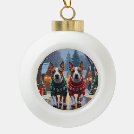 Bull Terrier Dogs Christmas Snow Holiday Keramische Bal Ornament (Voorkant)