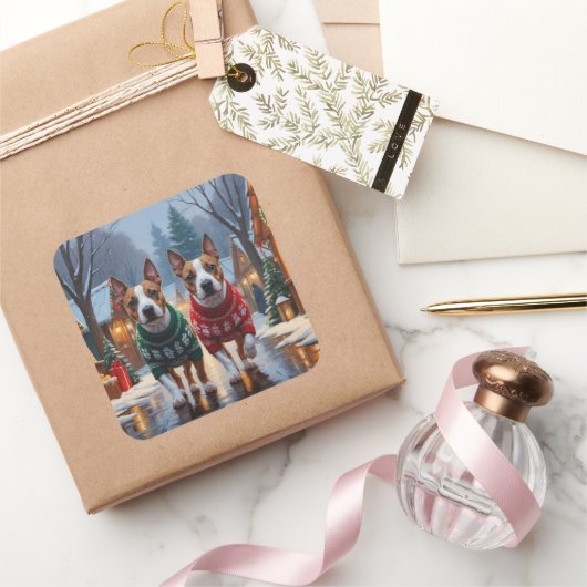 Bull Terrier Dogs Christmas Snow Holiday Vierkante Sticker (Geschenken)