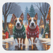 Bull Terrier Dogs Christmas Snow Holiday Vierkante Sticker (Voorkant)