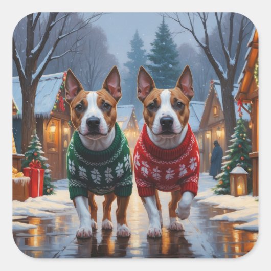 Bull Terrier Dogs Christmas Snow Holiday Vierkante Sticker (Voorkant)
