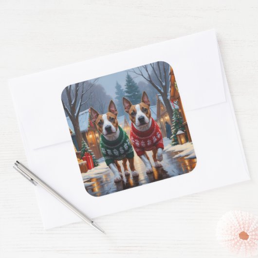 Bull Terrier Dogs Christmas Snow Holiday Vierkante Sticker (Envelop)