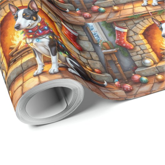 Bull Terrier Fireplace with Christmas Lights Cadeaupapier (Rol Hoek)