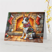 Bull Terrier Fireplace with Christmas Lights Kaart (Gele Bloem)