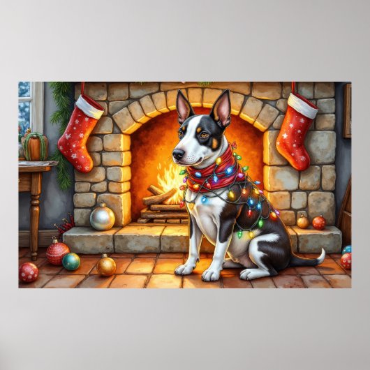 Bull Terrier Fireplace with Christmas Lights Poster (Voorkant)
