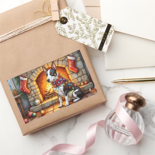 Bull Terrier Fireplace with Christmas Lights Rechthoekige Sticker (Geschenken)