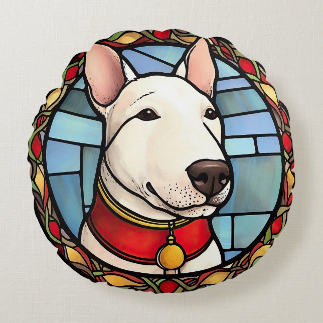 Bull Terrier Gebrandschilderd Glas Kerstmis Rond Kussen (Voorkant)