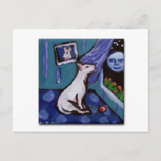 Bull Terrier gefascineerd door grote smiing moon Briefkaart