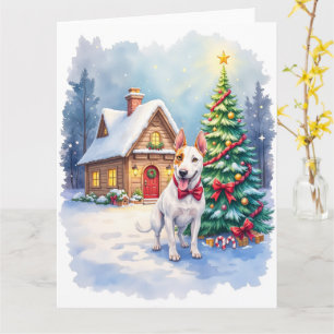 Bull Terrier Gezellig Cottage Kerstboom Kunst Kaart