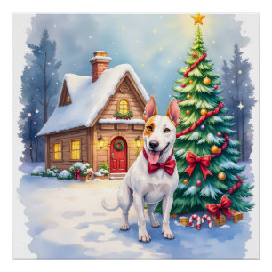Bull Terrier Gezellig Cottage Kerstboom Kunst Perfect Poster