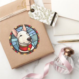 Bull Terrier Glas in lood Kerst Ronde Sticker