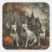 Bull Terrier Halloween Nacht Doggy Delight Vierkante Sticker (Voorkant)