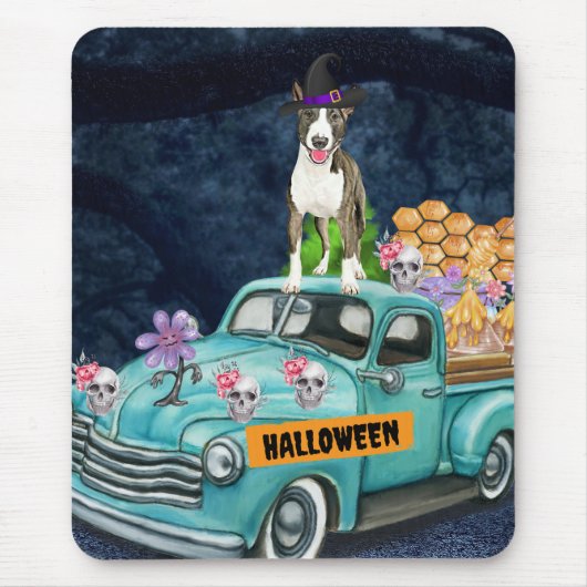 Bull Terrier Halloween Truck Scary Night Muismat (Voorkant)
