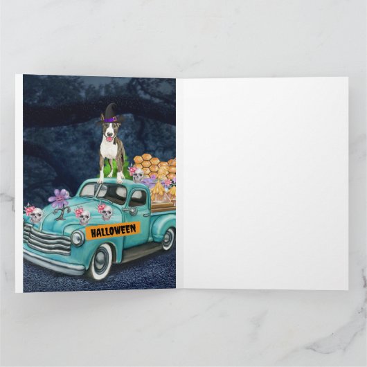 Bull Terrier Halloween Truck Schrikbarende Nacht Kaart (Binnen)