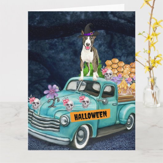 Bull Terrier Halloween Truck Schrikbarende Nacht Kaart (Gele Bloem)
