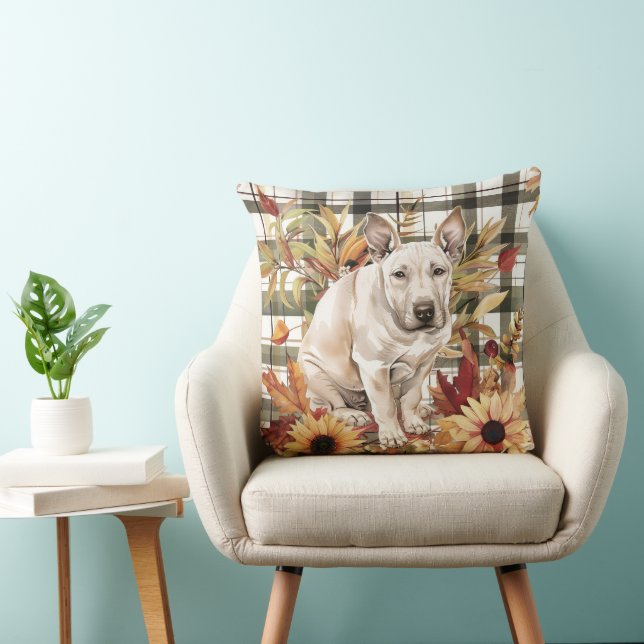 Bull Terrier Herfst Waterverf Bloemen Kussen (Stoel)