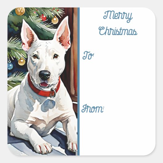 Bull Terrier Holiday Square Cadeau Label Sticker (Voorkant)