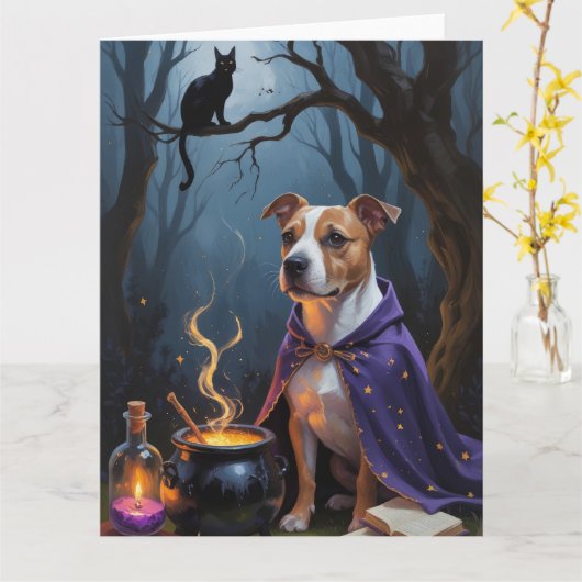Bull Terrier hond grillige Halloween schilderij Kaart (Gele Bloem)