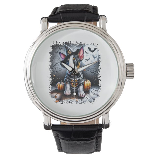 Bull Terrier Hond Halloween Horloge (Voorkant)