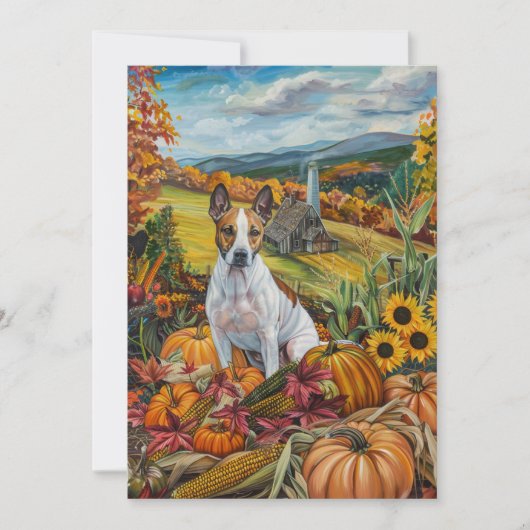 Bull Terrier Hond Herfst Oogst Thanksgiving Feestdagenkaart (Voorkant)