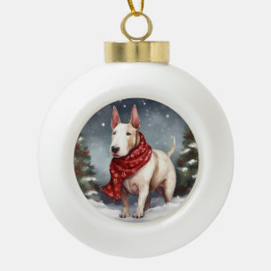 Bull Terrier hond in de sneeuw Kerstmis  Keramische Bal Ornament