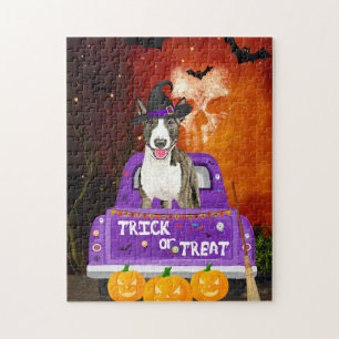 Bull Terrier Hond in Halloween Truck Legpuzzel