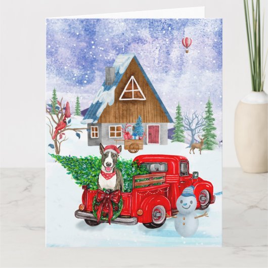 Bull Terrier hond in Kerstbezorgingswagen Sneeuw  Kaart (Voorkant)