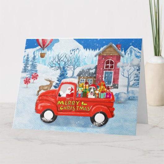 Bull Terrier-hond in kerstbezorgingswagen sneeuw Kaart (Voorkant)