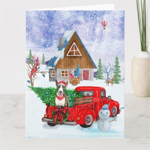 Bull Terrier hond in Kerstbezorgwagen Sneeuw Kaart