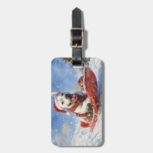 Bull Terrier Hond in Sledge Laat het Sneeuw Kerstm Bagagelabel (Voorkant verticaal)