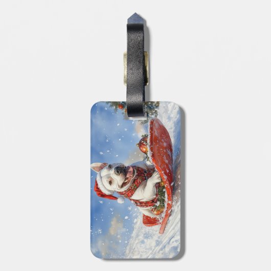 Bull Terrier Hond in Sledge Laat het Sneeuw Kerstm Bagagelabel (Achterkant verticaal)