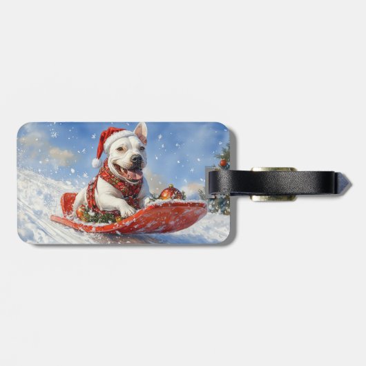 Bull Terrier Hond in Sledge Laat het Sneeuw Kerstm Bagagelabel (Achterkant horizontaal)