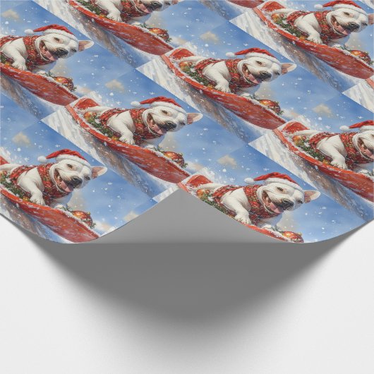 Bull Terrier Hond in Sledge Laat het Sneeuw Kerstm Cadeaupapier (Hoek)