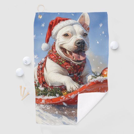Bull Terrier Hond in Sledge Laat het Sneeuw Kerstm Golfhanddoek (Insitu)