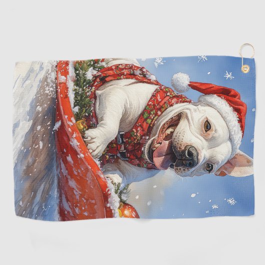 Bull Terrier Hond in Sledge Laat het Sneeuw Kerstm Golfhanddoek (Horizontaal)