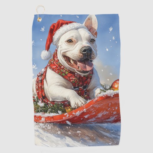 Bull Terrier Hond in Sledge Laat het Sneeuw Kerstm Golfhanddoek (Voorkant)