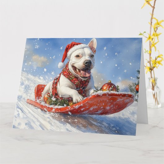 Bull Terrier Hond in Sledge Laat het Sneeuw Kerstm Kaart (Gele Bloem)