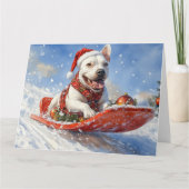 Bull Terrier Hond in Sledge Laat het Sneeuw Kerstm Kaart (Voorkant)