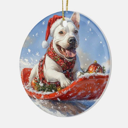 Bull Terrier Hond in Sledge Laat het Sneeuw Kerstm Keramisch Ornament (Links)