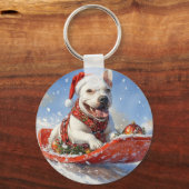 Bull Terrier Hond in Sledge Laat het Sneeuw Kerstm Sleutelhanger (Voorkant)