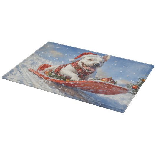 Bull Terrier Hond in Sledge Laat het Sneeuw Kerstm Snijplank (Hoek)