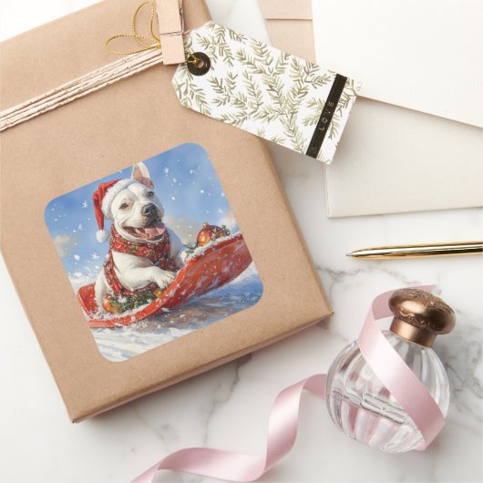 Bull Terrier Hond in Sledge Laat het Sneeuw Kerstm Vierkante Sticker (Geschenken)
