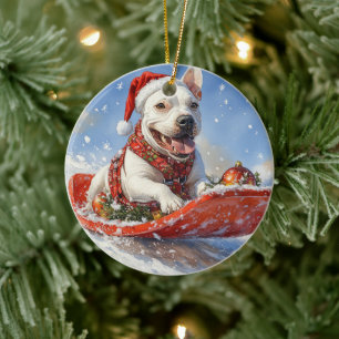 Bull Terrier Hond in slee laat het sneeuwen Kerstm Keramisch Ornament