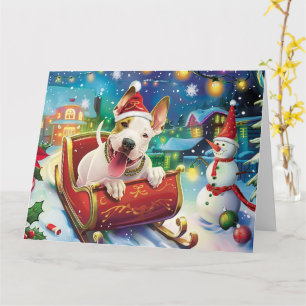Bull Terrier hond in slee met sneeuw Kerstmis Kaart