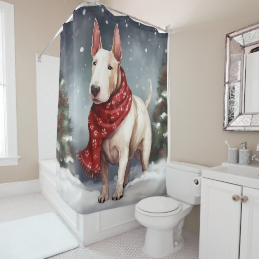 Bull Terrier Hond in Sneeuw Kerstmis Douchegordijn (In situ)