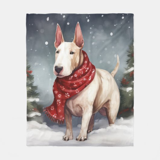 Bull Terrier Hond in Sneeuw Kerstmis Fleece Deken (Voorkant)