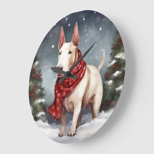 Bull Terrier Hond in Sneeuw Kerstmis Grote Klok (Hoek)