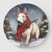 Bull Terrier Hond in Sneeuw Kerstmis Grote Klok (Voorkant)