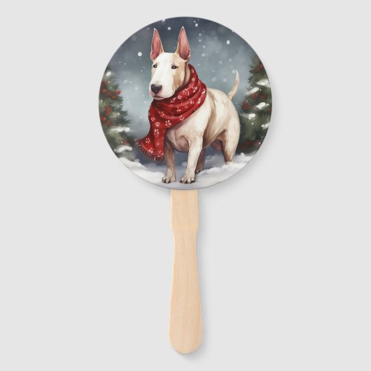 Bull Terrier Hond in Sneeuw Kerstmis Handwaaier (Voorkant)