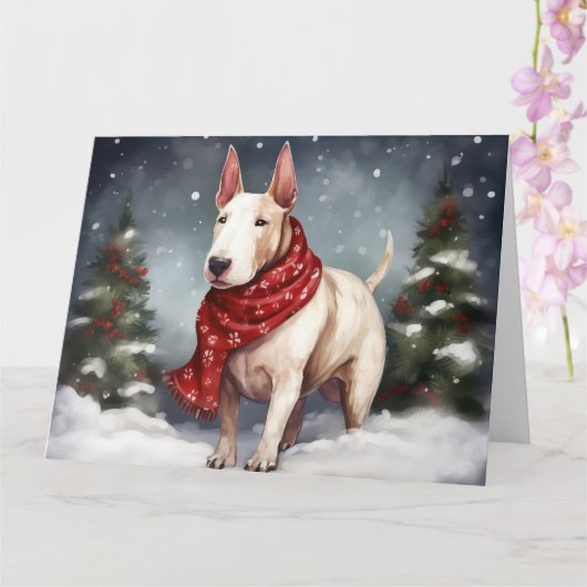 Bull Terrier Hond in Sneeuw Kerstmis Kaart (Orchidee)