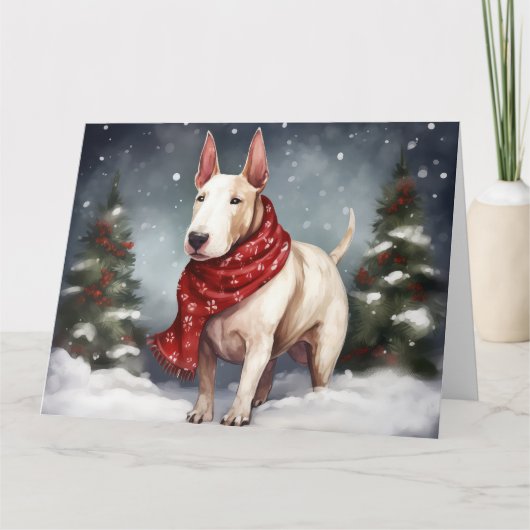 Bull Terrier Hond in Sneeuw Kerstmis Kaart (Voorkant)